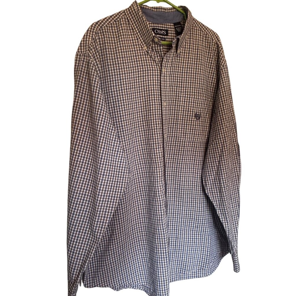 Chaps Mens Easy Care Button-Up Shirt 2XL Tall Plaid Cotton Blend Brown & Blue